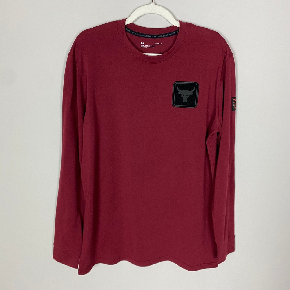 Under Armour Project Rock Mens Long Sleeve Shirt Maroon Brahma Bull Medium
